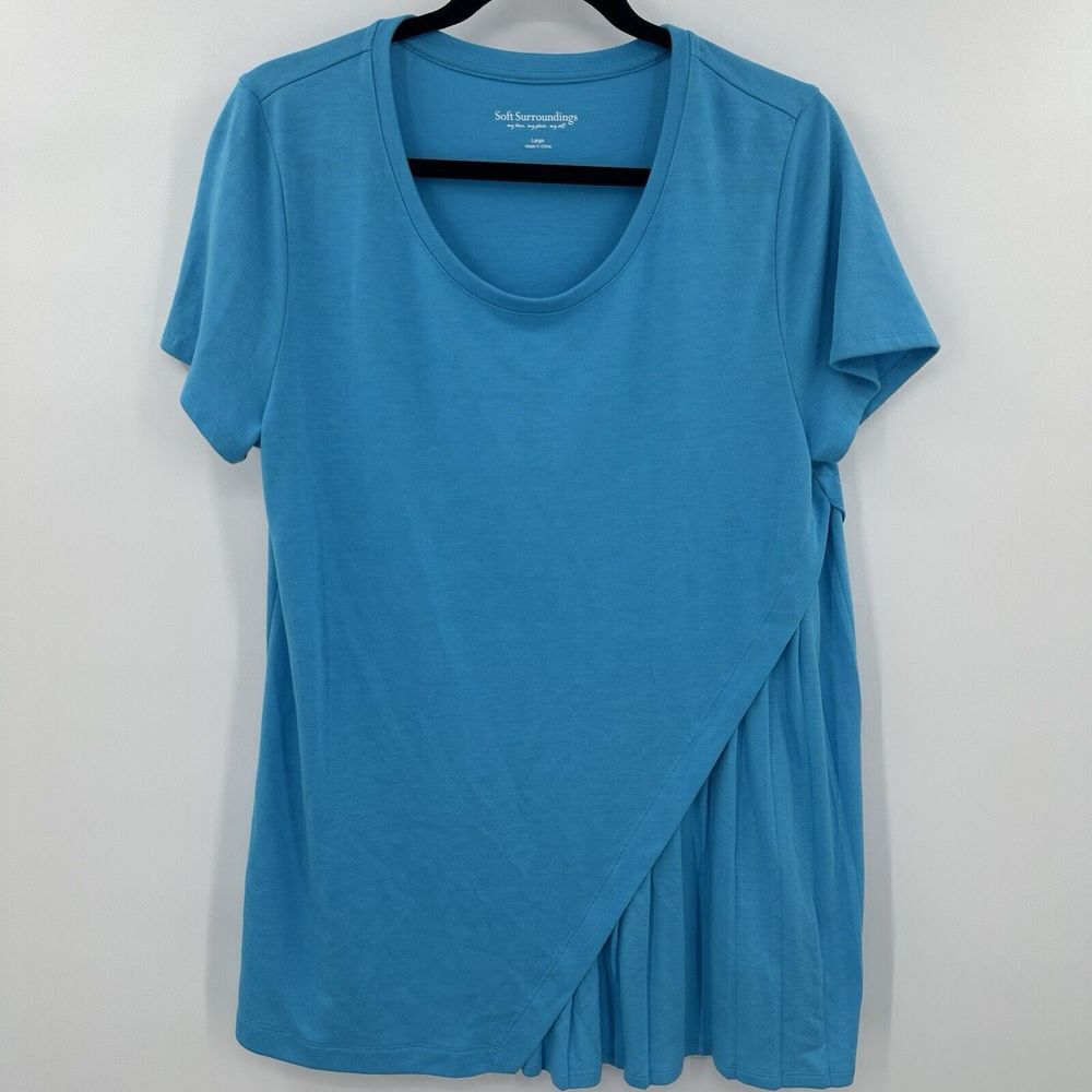 Soft Surroundings Blue Short Sleeve Faux‎ Wrap Blouse Shirt Sz Large